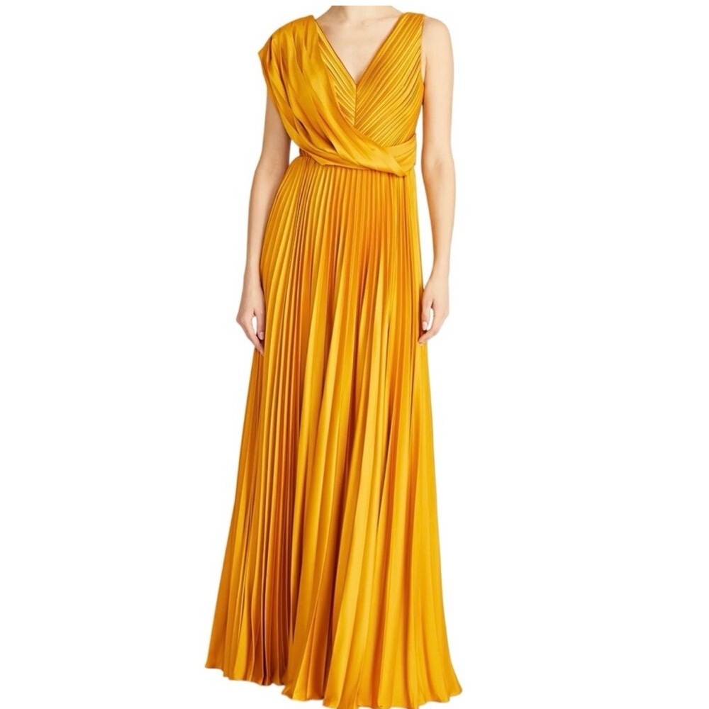 Theia Golden Mustard Pleated V-Neck Evening Dress
